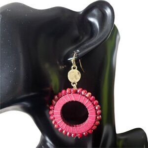 Womens Red Wood Glass Beads Hoop Circle Drop Dangle French Hook Earrings Jewelry